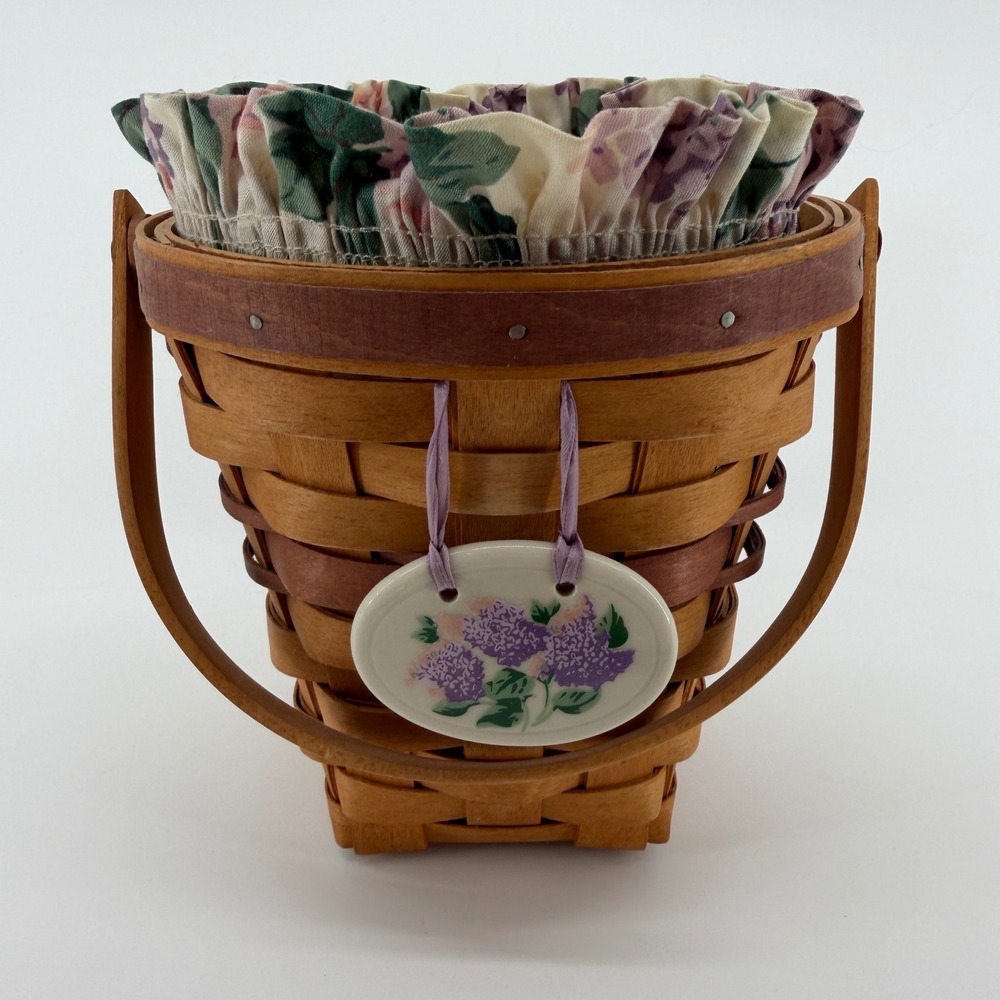 Longaberger 2001 Lilac Basket with Liner Protector and Ceramic Tie-On